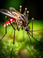 A mosquito perched on a plant covered with water droplets. High definition image made with AI.