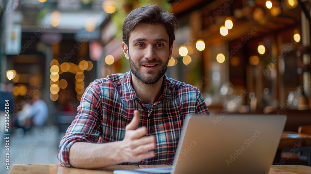 Poster smiling man on video call with laptop in a cozy cafe with warm lighting. generative ai