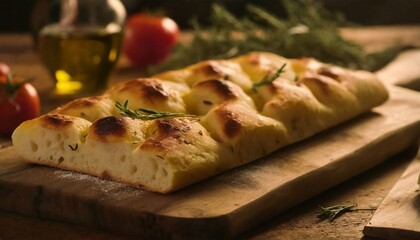 Delicious Italian focaccia bread on a wooden cutting board. Tasty food.