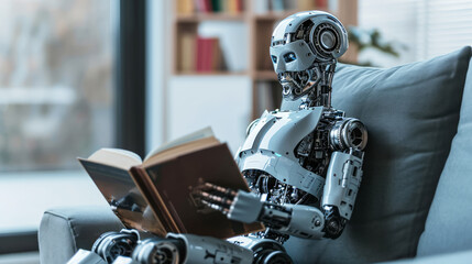 High-tech robot reading on a couch, modern home library backdrop. Continuous learning theme. Generative AI