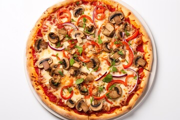 a pizza with mushrooms and vegetables on a white plate