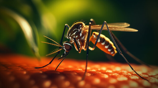A mosquito perched on a plant covered with water droplets. High definition image made with AI.