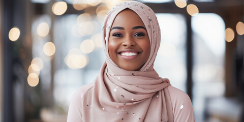 Smiling woman in beige hijab with bokeh lights in background. Portrait and happiness concept Generative AI