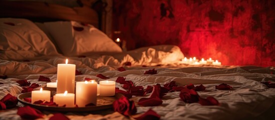 In the dimly lit room, a fragment of a bed adorned with white linens and red rose petals showcased a tray with flickering candles, setting the perfect ambiance for a honeymoon