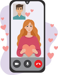 Vector illustration of boyfriend video calling to girlfriend's smartphone. Communication concept of couple in love.	