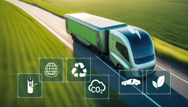Futuristic electric truck driving down a road. Green mobility and sustainability environment concept