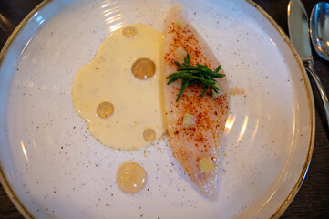 White fillet of most delicious fish John Dory, St Pierre or Peter's fish served with shell fish...