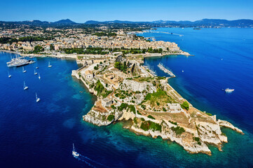 Aerial view of the Old Fortress and the old town of Corfu (