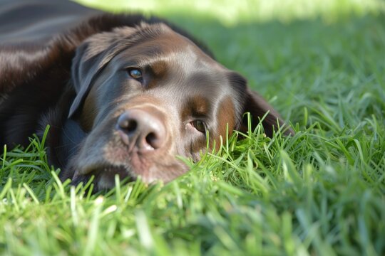 Portrait of a Labrador Retriever lying on green grass, with sunbeams on its fur