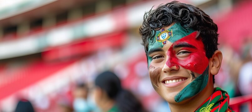 Cheering portugal fan with face paint, blurry stadium background for text placement