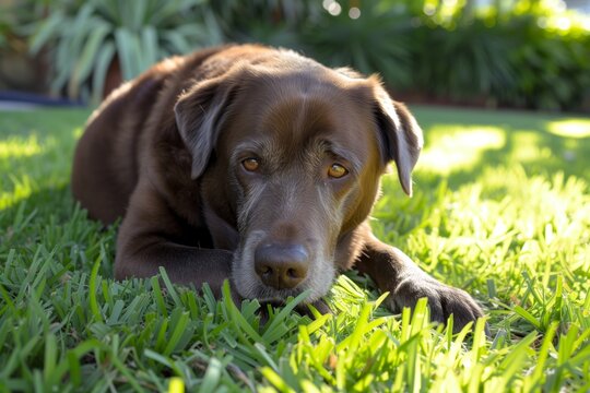 Portrait of a Labrador Retriever lying on green grass, with sunbeams on its fur