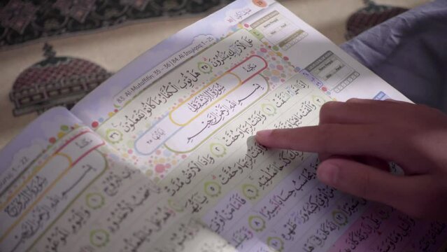 Close up reading the Quran. Explore Colour-Coded Quran for Easy Tajweed Learning