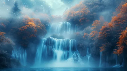 Fotobehang Beautiful waterfalls cascade down rocky cliffs and clouds float into the air,generative ai © LomaPari2021