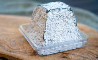 Cheese collection, French Pouligny pyramid cheese made from goat milk in region Pouligny-Saint-Pierre in France close up