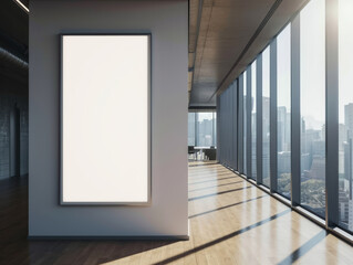 A modern office interior with large windows, a blank framed canvas on the wall, and a cityscape in the background. Ai generative