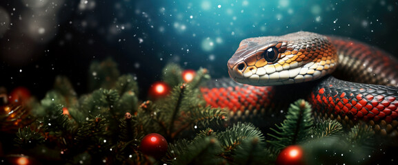 Snake on blue background with blurred snowflakes and sprigs of spruce. New Year and Christmas concept. Free space for advertising and text