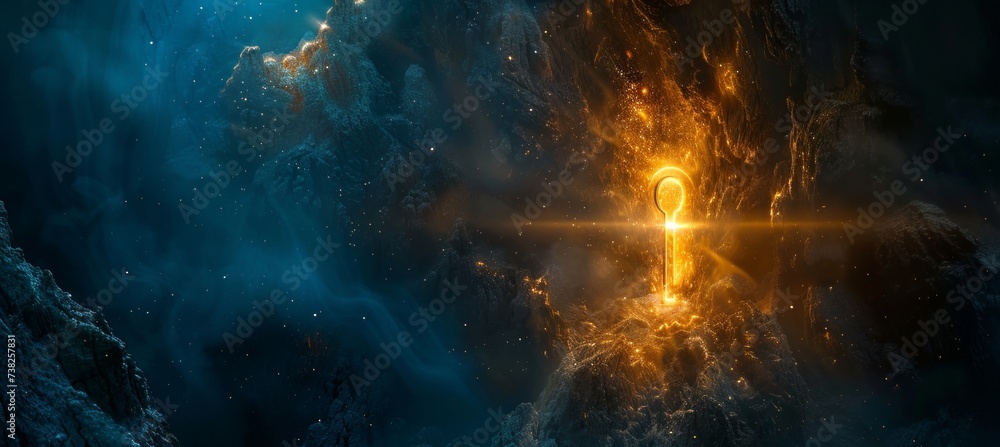 Poster mysterious keyhole with light shining through on dark background, copy space for text placement