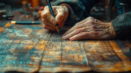 architecture a floor plan, several pens, a human hand holding a pen,generative ai