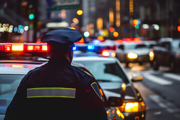 police officer near car with lights in city street with selective focus and bokeh