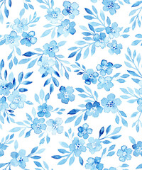 Watercolor floral pattern. Blue ornament on a white background. Handmade.