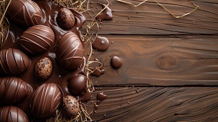 Chocolate Easter eggs and sweets. Chocolate Easter Eggs Over Wooden Background, card with copy space text