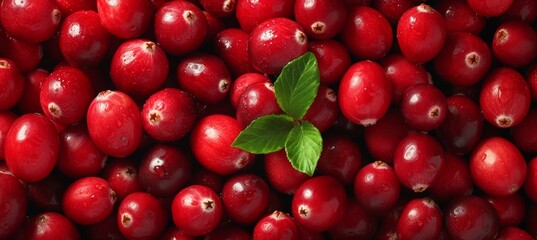 Close up of vibrant red cranberries with textured detail and leaves, highlighting natural beauty.