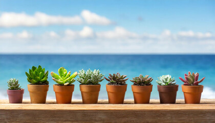 Succulents and cacti in pots on a wooden shelf. Sea and blue sky on the background. Season concept