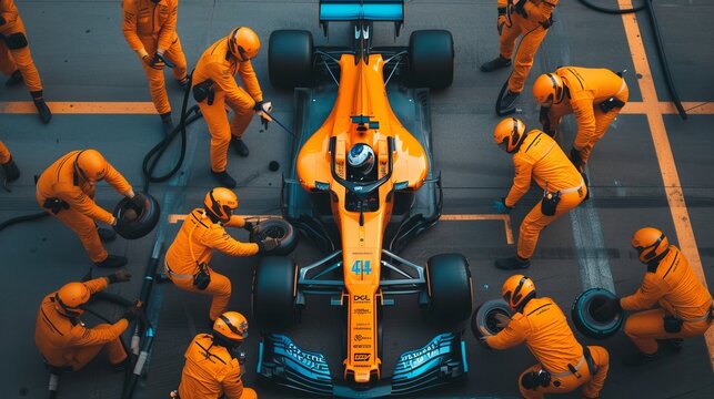 Formula 1 racing car undergoing maintenance at pit stop with the technical team in action