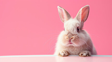 cute Easter bunny looks out of a hole in the pastel color background wall. Abstract concept. Square...