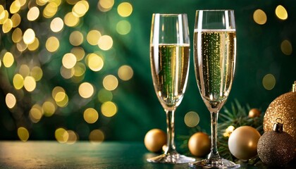 Two elegant glasses with champagne or prosecco sparkling wine on dark green bokeh