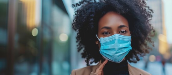 Smiling black female entrepreneur taking off mask, glancing at camera.