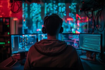 Obraz premium Cybersecurity Specialist During a Critical Infiltration Effort at a High-Tech Control Center