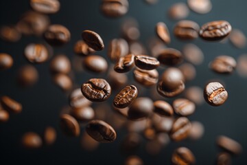 Levitating Coffee Beans Captured against a dark backdrop