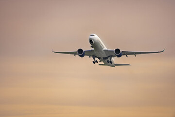 A commercial airplane takes off from an airport late in the afternoon and folds its landing gear under the wings