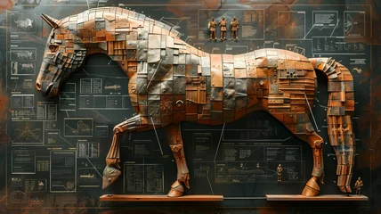 Fotobehang a construction blueprint in an exploded schematic style depicting instructions how to create the wooden trojan horse showing hidden greek soldiers,generative ai © LomaPari2021