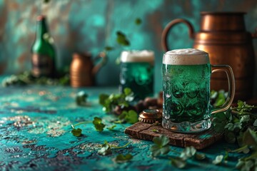 Green Pint of Frothy Beer. St. Patrick's Day Party Decorations detailed food photography texture. St. Patrick's Day Cards & Greetings.