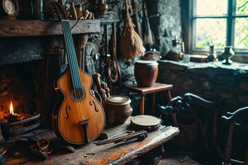 Fototapeta na wymiar Ireland traditional Folk Instruments photography. Irish Folk Instruments.