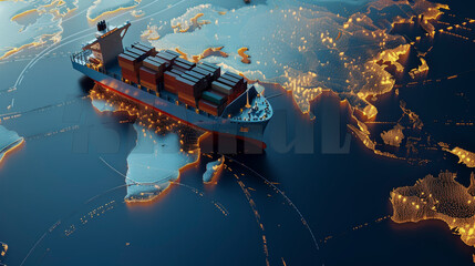 A cargo ship laden with containers traveling across a stylized map of the world