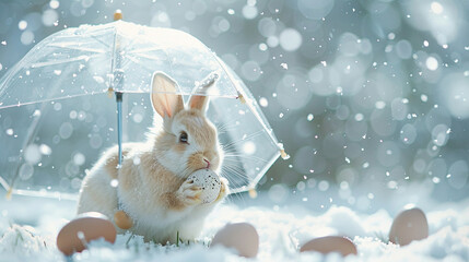 happy easter , easter rabbit holding clear umbrella in snow, easter portrait, banner or poster or card - obrazy, fototapety, plakaty