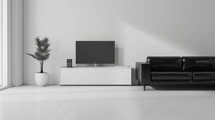 Modern Monochromatic Living Room with Black Leather Couch and White TV Stand