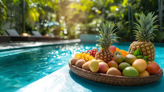 Elegant Display of Tropical Fruits by a Serene Poolside in the Sunshine