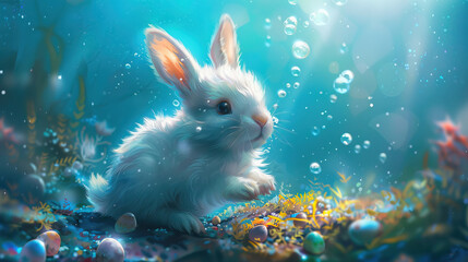 Easter travel concept with a bunny and colorful eggs, happy easter concept, easter rabbit underwater swimming , finding eggs in bottom of sea 