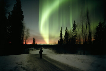 Person Standing on Snow Covered Road Under Aurora Borealis