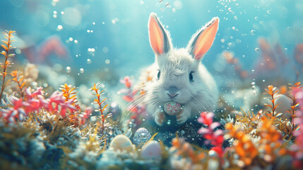 happy easter concept, easter rabbit underwater swimming , finding eggs in bottom of sea  - obrazy, fototapety, plakaty