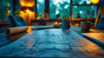 Blueprint details in sharp focus, deep indigo tone, on a modern architect's desk, exuding a focused and detailed atmosphere with high-definition clarity.generative ai