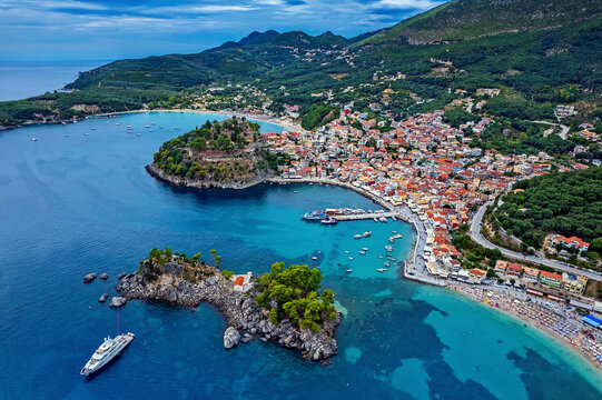 Aerial view (drone) of picturesque Parga town, Preveza prefecture, Epirus, Greece