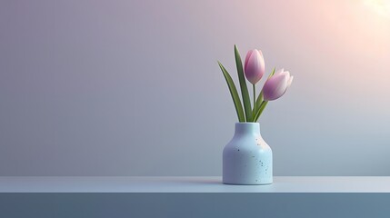 A minimalist composition featuring a single tulip with pastel purple petals, placed in a sleek, modern vase against a pastel grey background, emphasizing the flower's elegant form and color.