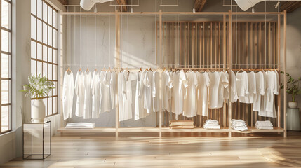 A Stylish Wardrobe: A Tasteful Display of White Ensembles on Wooden Shelves in a Contemporary Boutique - obrazy, fototapety, plakaty