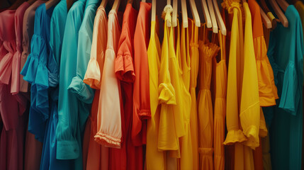 Rainbow of Stylish Dresses on Hangers in a Fashion Boutique Shop.