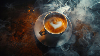 Savoring the Aromatic Delight: A Cup of Coffee Shrouded in Smoky Hearts and Captured with Artistic Focus - obrazy, fototapety, plakaty